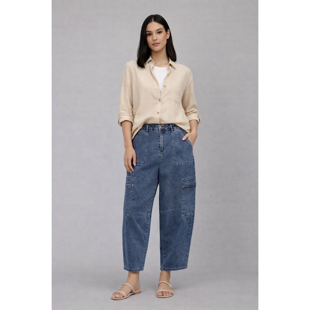 Barrel Leg Jeans Women’s Stretch Denim High Rise Utility Cargo Pockets Trendy